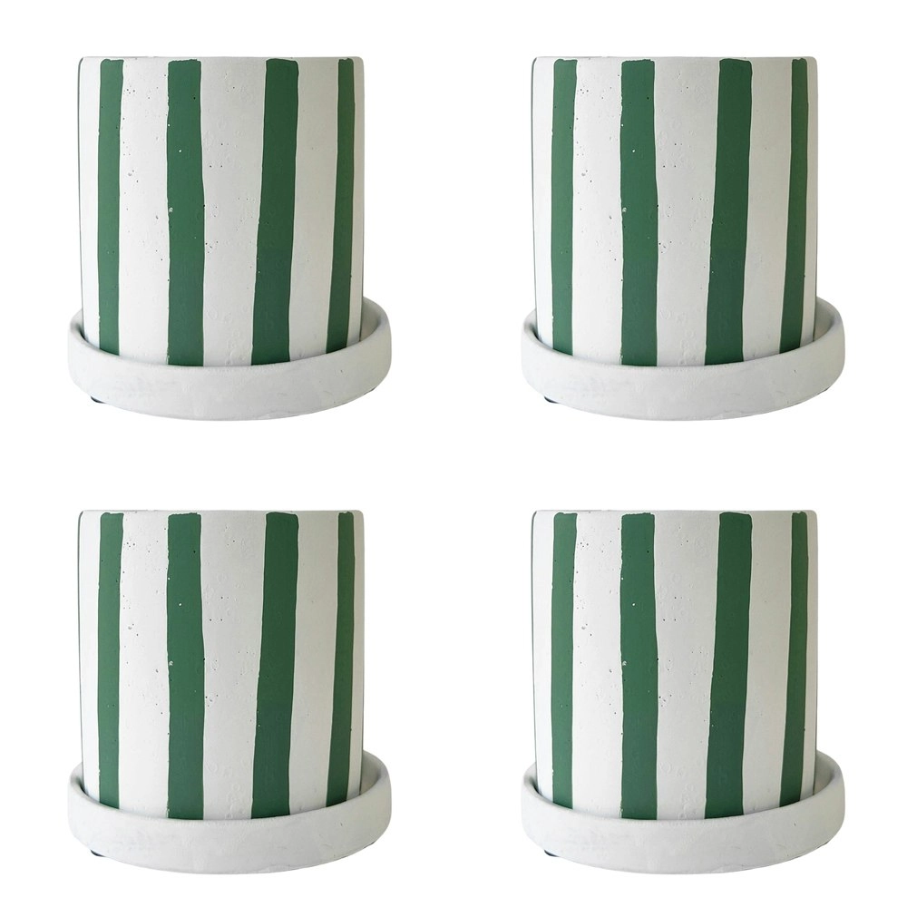 4x Urban Julia Stripe 11cm Concrete Planter w/ Saucer Plant Pot Small Sage/White