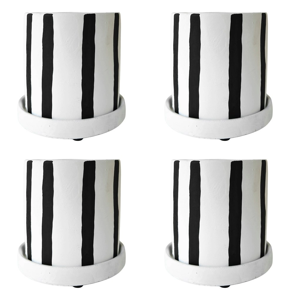 4x Urban Julia Stripe 11cm Planter w/ Saucer Plant Pot Small Charcoal/White