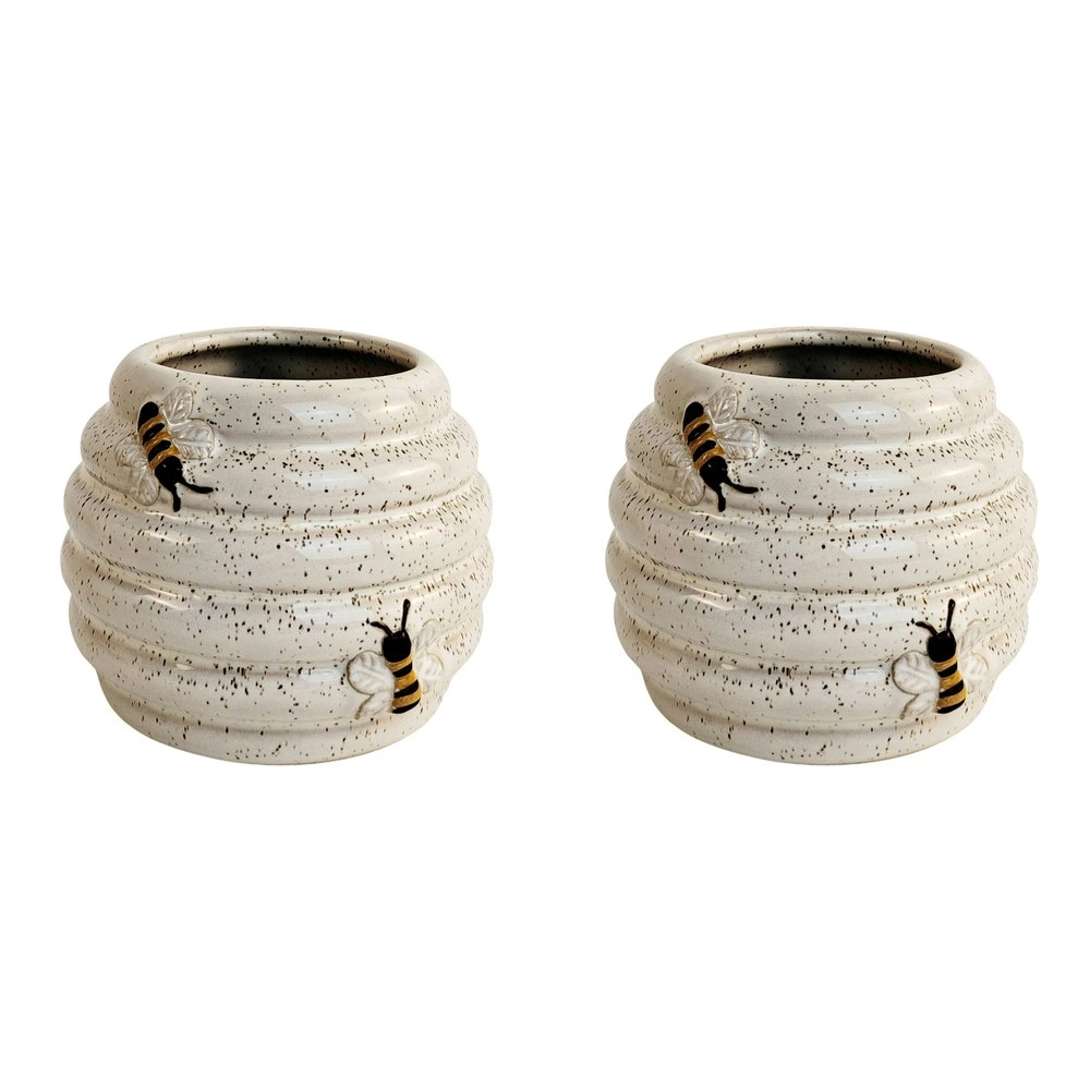 2x Urban 8cm Ceramic Beehive Planter Plant Pot Garden Decor Small White/Sand