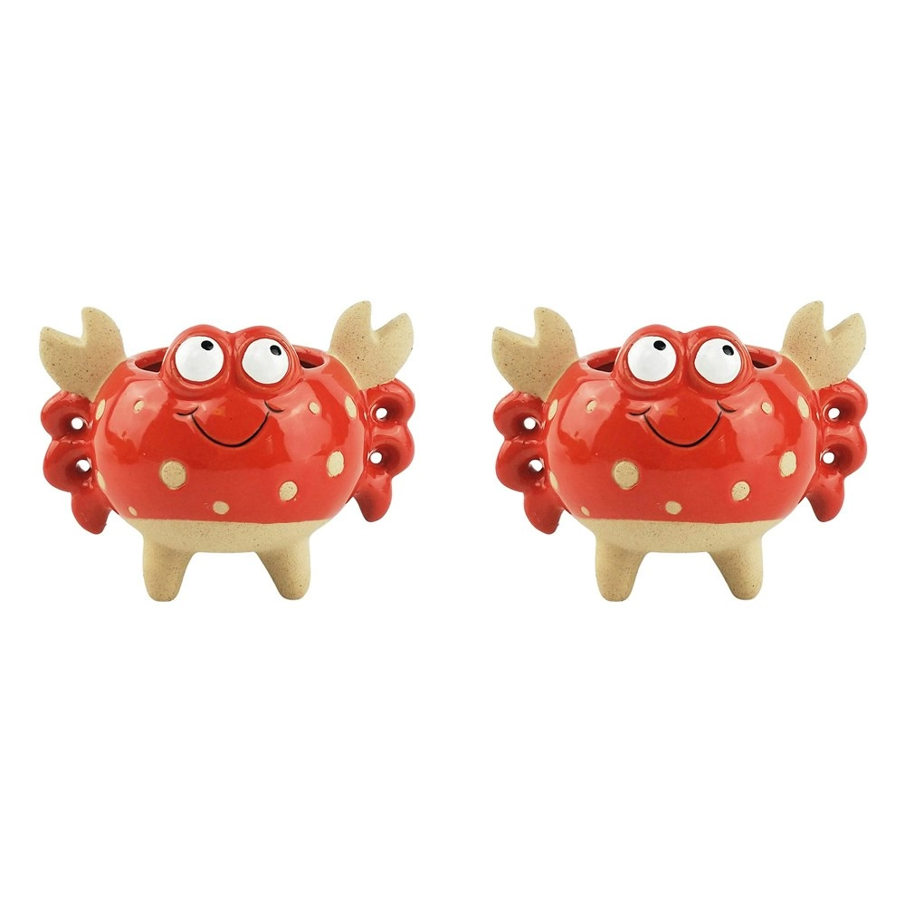 2x Urban Crab 9cm Ceramic Planter Garden Ornament Display Plant Pot Medium Red