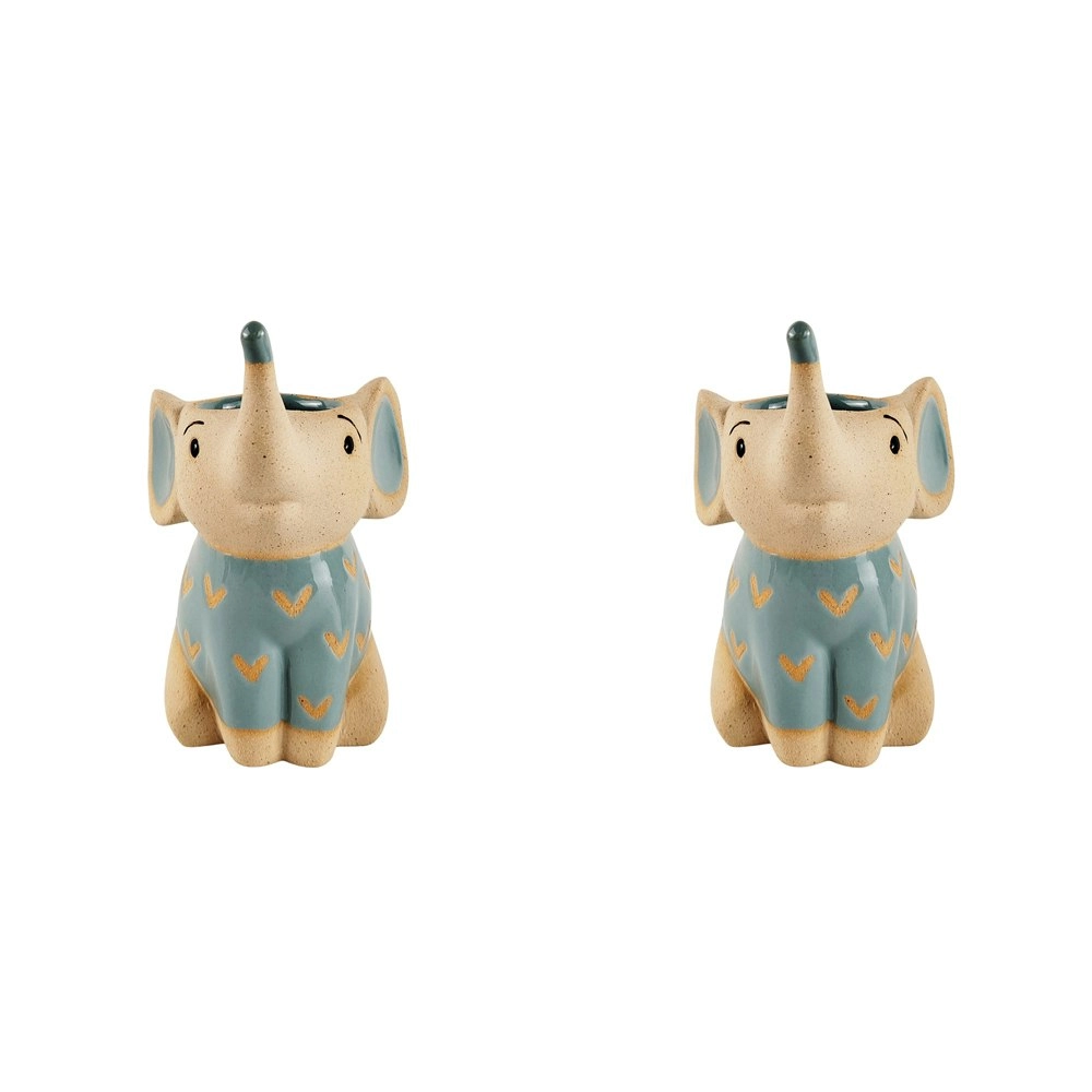 2x Urban 12cm Ceramic Elephant Planter Plant/Flower Pot Garden Decor Blue/Sand