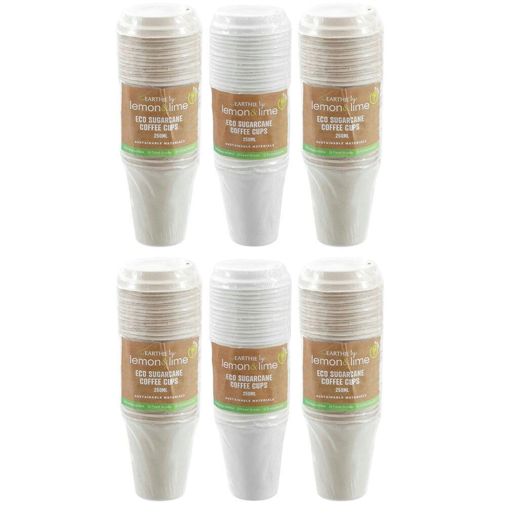 6x 15PK Lemon & Lime 250ml Eco Sugarcane Coffee Cup w/ Lid Biodegradable Sip Mug