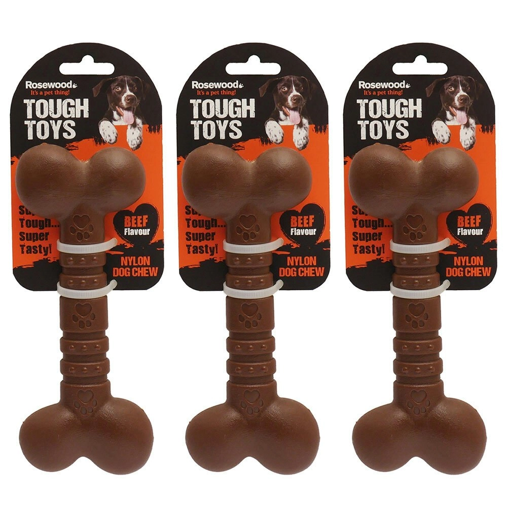 3x Rosewood 12cm Tough Toys Nylon Beef-Flavoured Dog Bone Pet Chew Toy Small