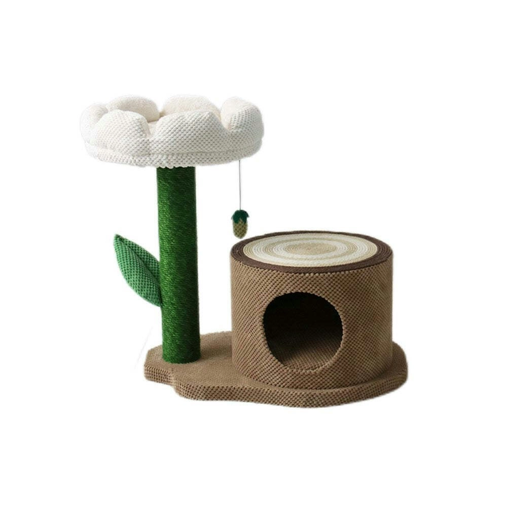 Catio Pet Cat Log Scratcher House w/ White Camelia Scratching Tree Furniture