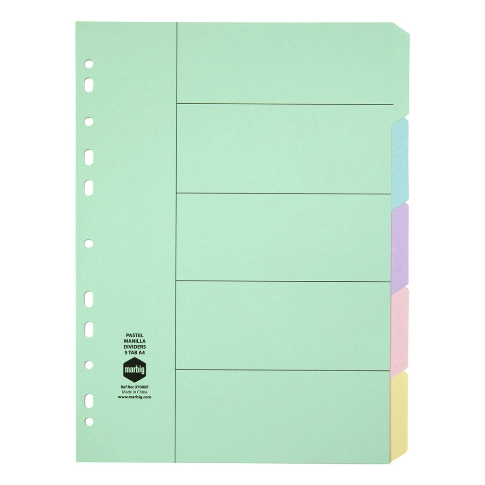 Marbig Pastel 5-Tab Manilla A4 File Ring Binder Dividers Index/Page Organiser