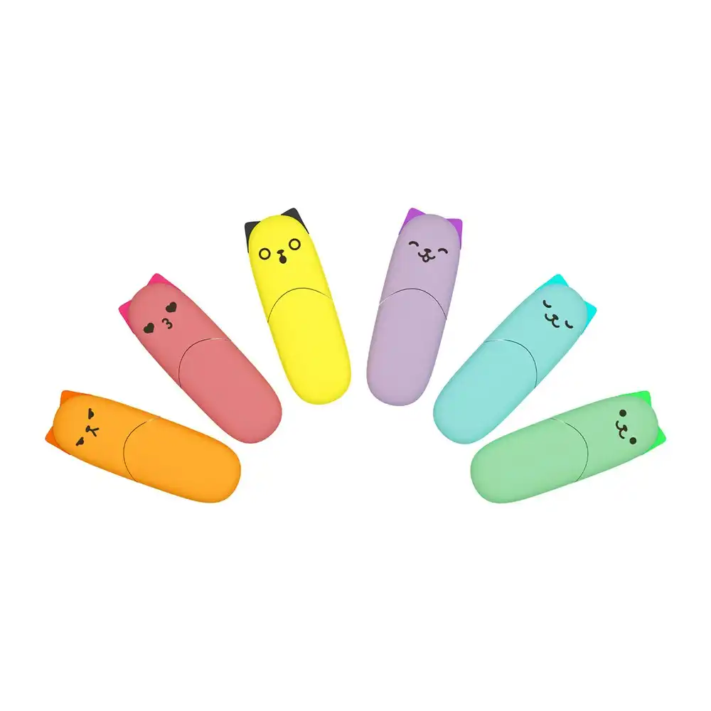 6pc Mustard Kitty Cat Highlighter Markers Pens Set Office School Stationery