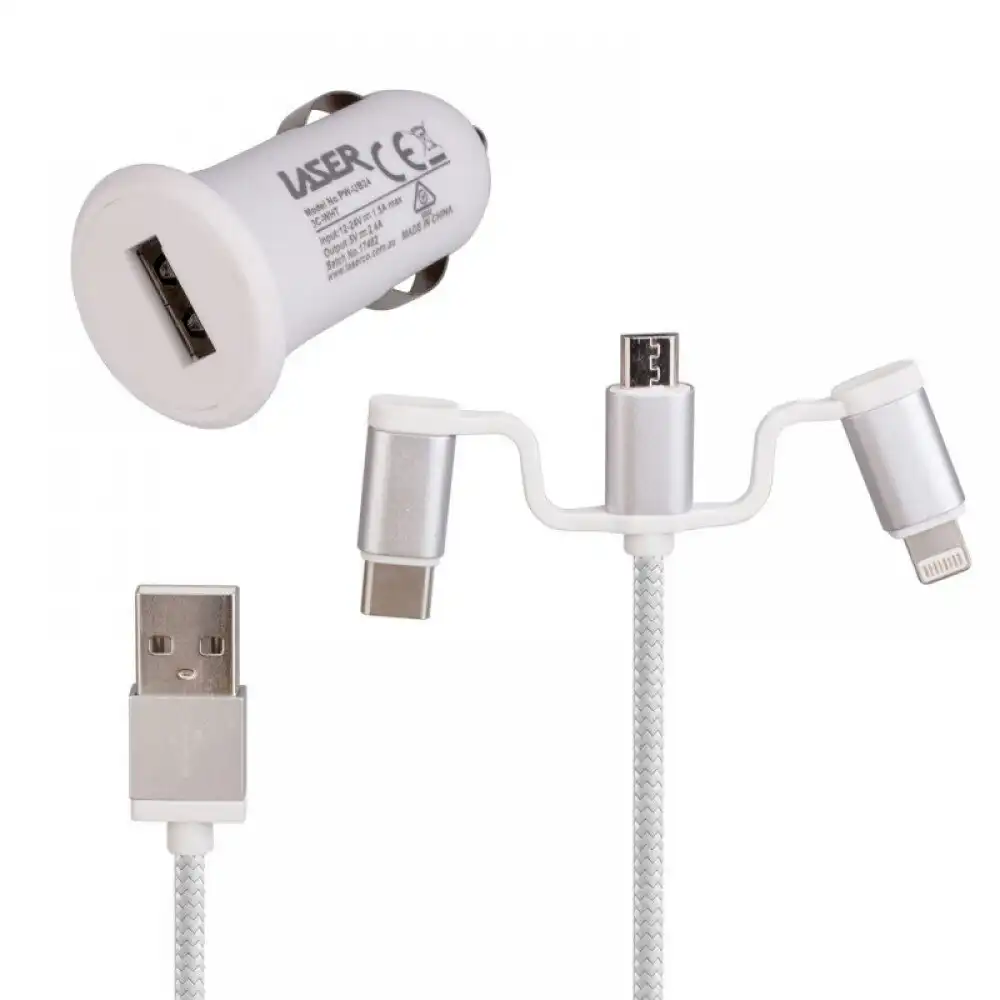 Laser 2.4A USB Car Charger w/ 3in1 Charging Cable 50cm For iPhone/Samsung White