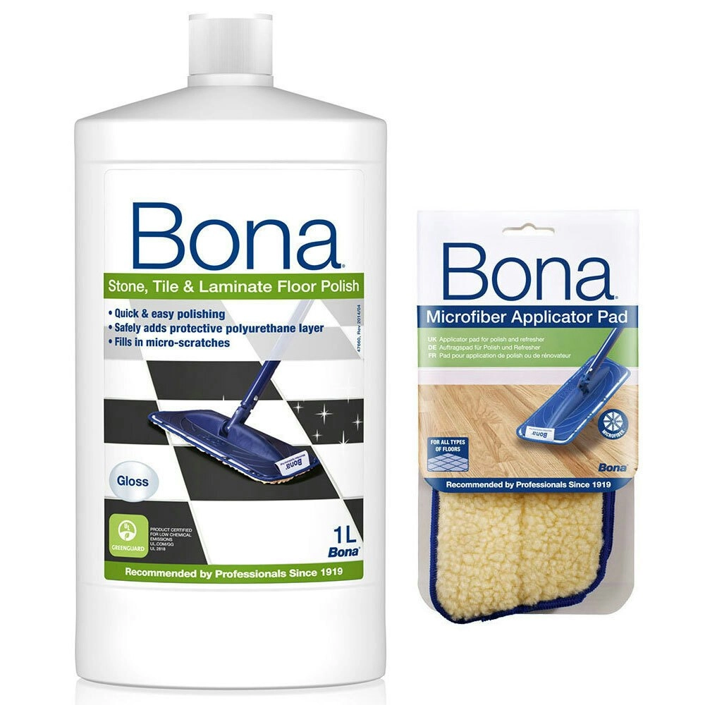 Bona Stone Tile & Laminate Floor Polish w/ Microfibre Applicator Pad for Mop