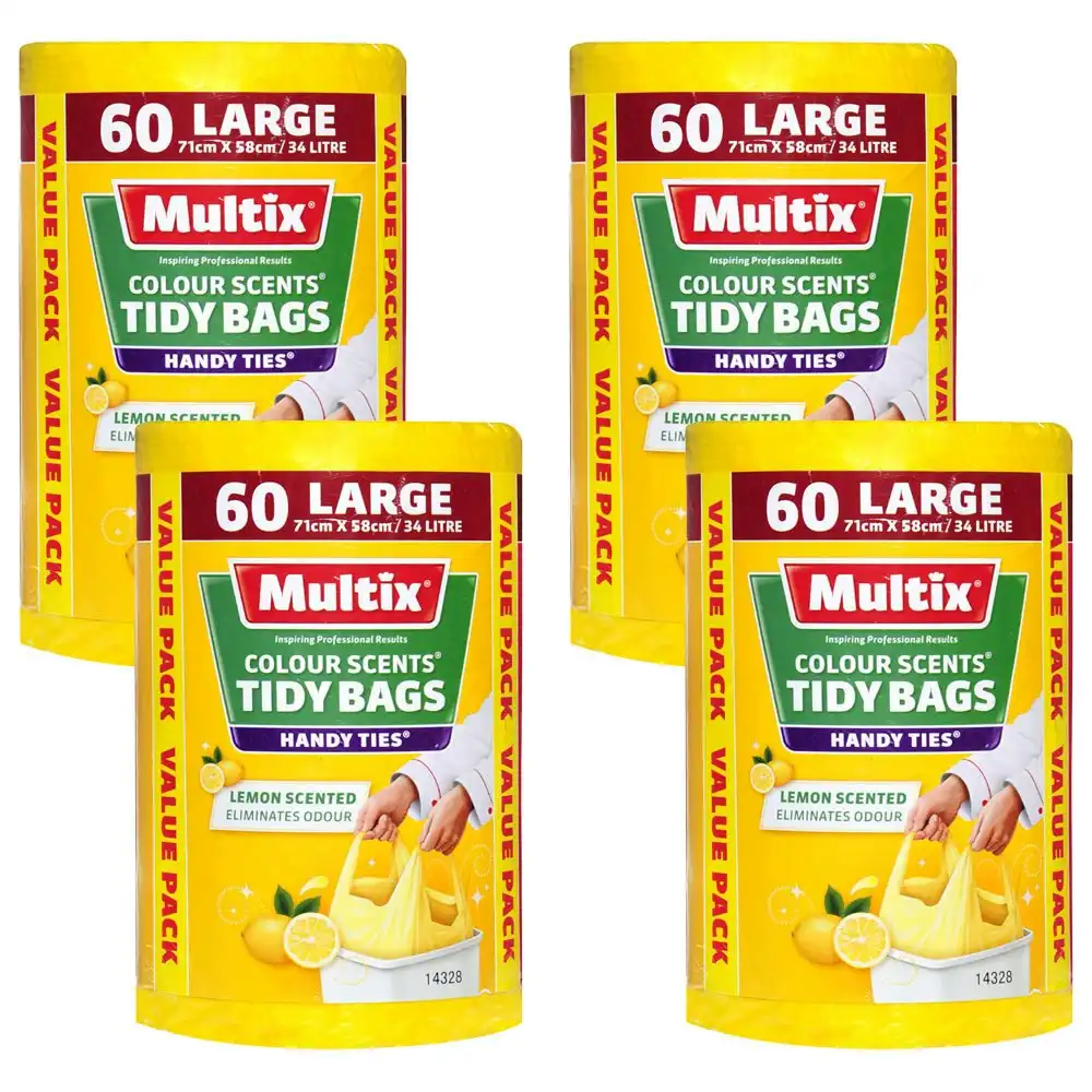 240pc Multix Lemon Scented Rubbish Tidy Bags Handy Ties - Large 71x58cm 34L