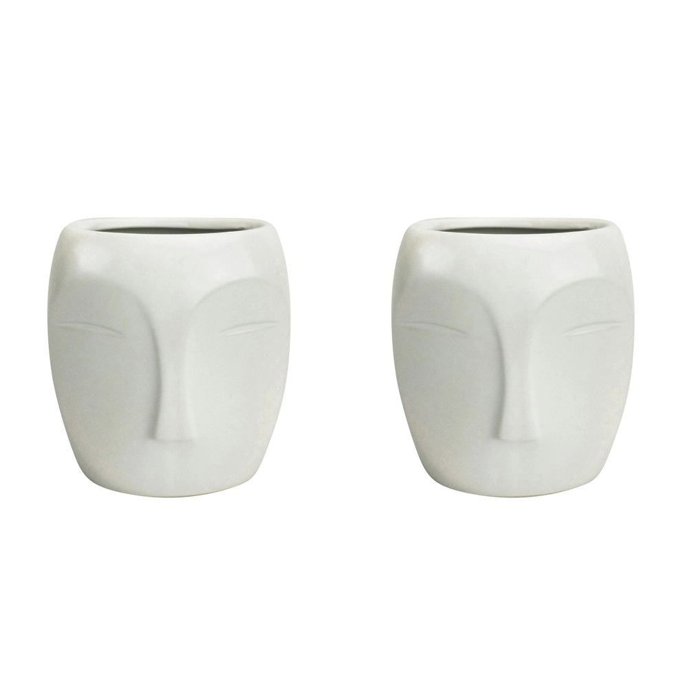 2x Urban Aztec Face 13cm Ceramic Plant/Flower Vase Home Display Pot Small White