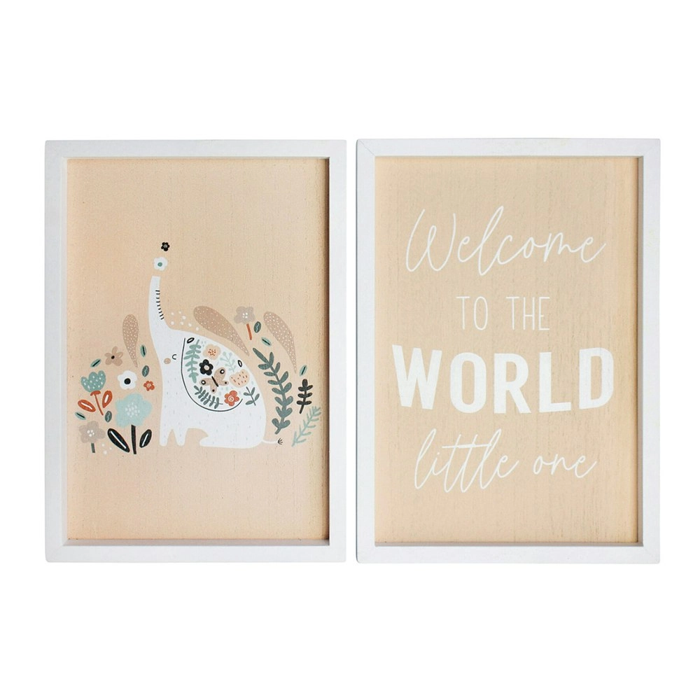 2pc MDF 28cm Welcome World Little One Sign Kids Bedroom Decor Plaque Set Beige