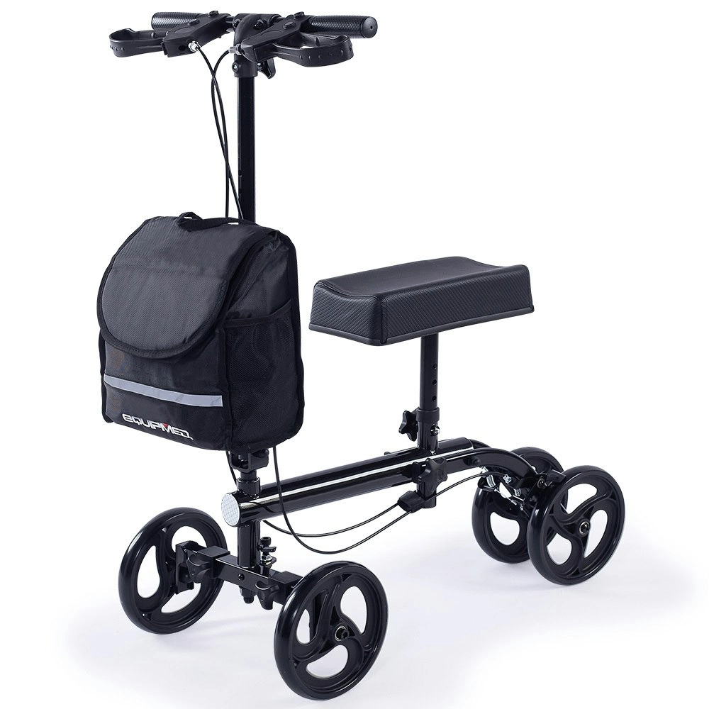 Equipmed Knee Scooter Walker, Dual Brakes - Bag - Broken Leg Ankle Foot Mobility - Crutches Alternative - Black