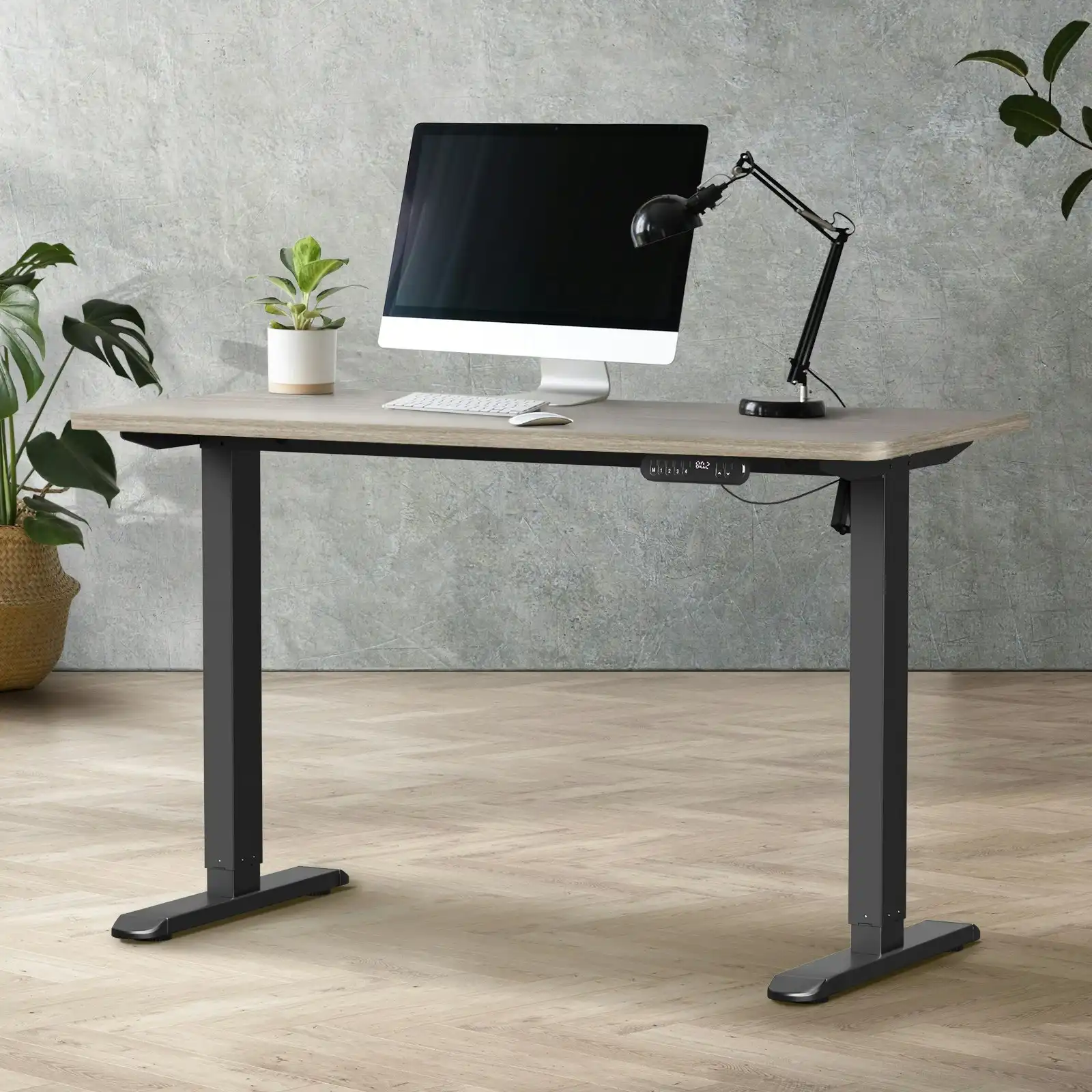 Oikiture Electric Standing Desk Single Motor Black Frame 140CM Grey-Oak Tabletop