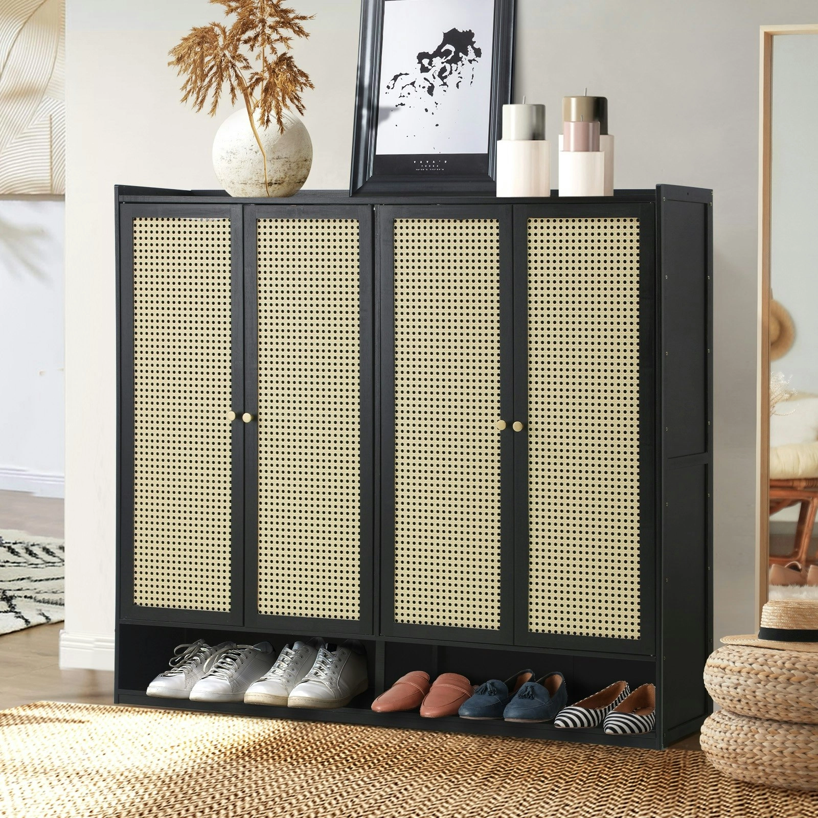 Oikiture Shoe Storage Cabinet Shoes Rack Organiser Shelf 4 Doors Rattan Black