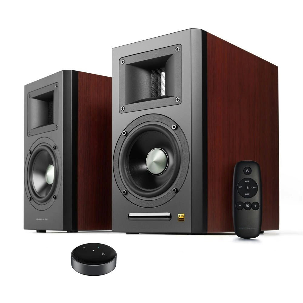 Airpulse A100 Active Wireless Bookshelf Speakers and WiiM Mini Cherry Wood