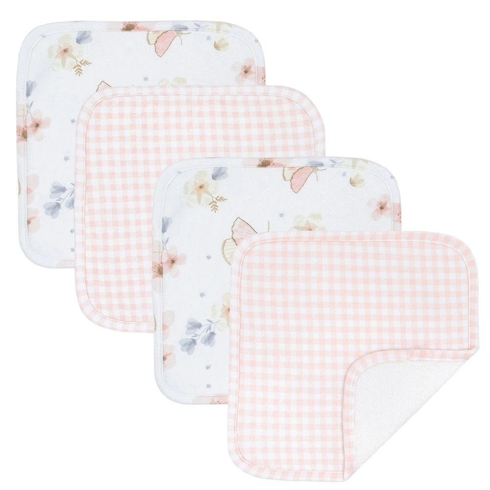 4pc Living Textiles Newborn/Baby/Infant Cotton Wash Cloths Butterfly Garden