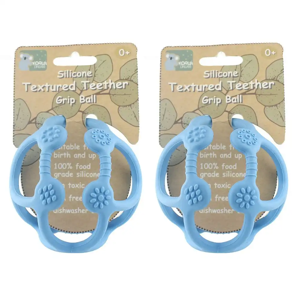 2x Koala Dream Silicone Textured Baby/Toddler Chew Teether  Grip Ball Blue 0m+