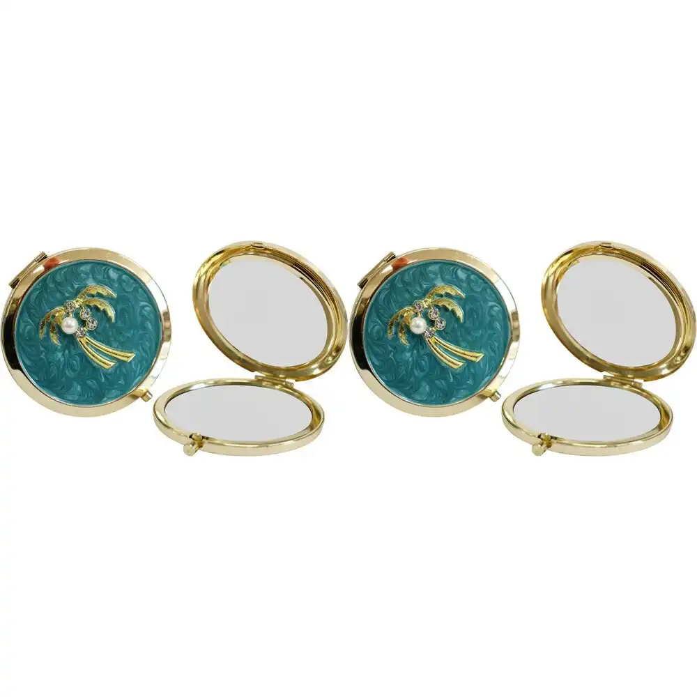 2x LVD Azure Palm Metal/Enamel/Glass 7cm Makeup Mirror Folding Cosmetic Round