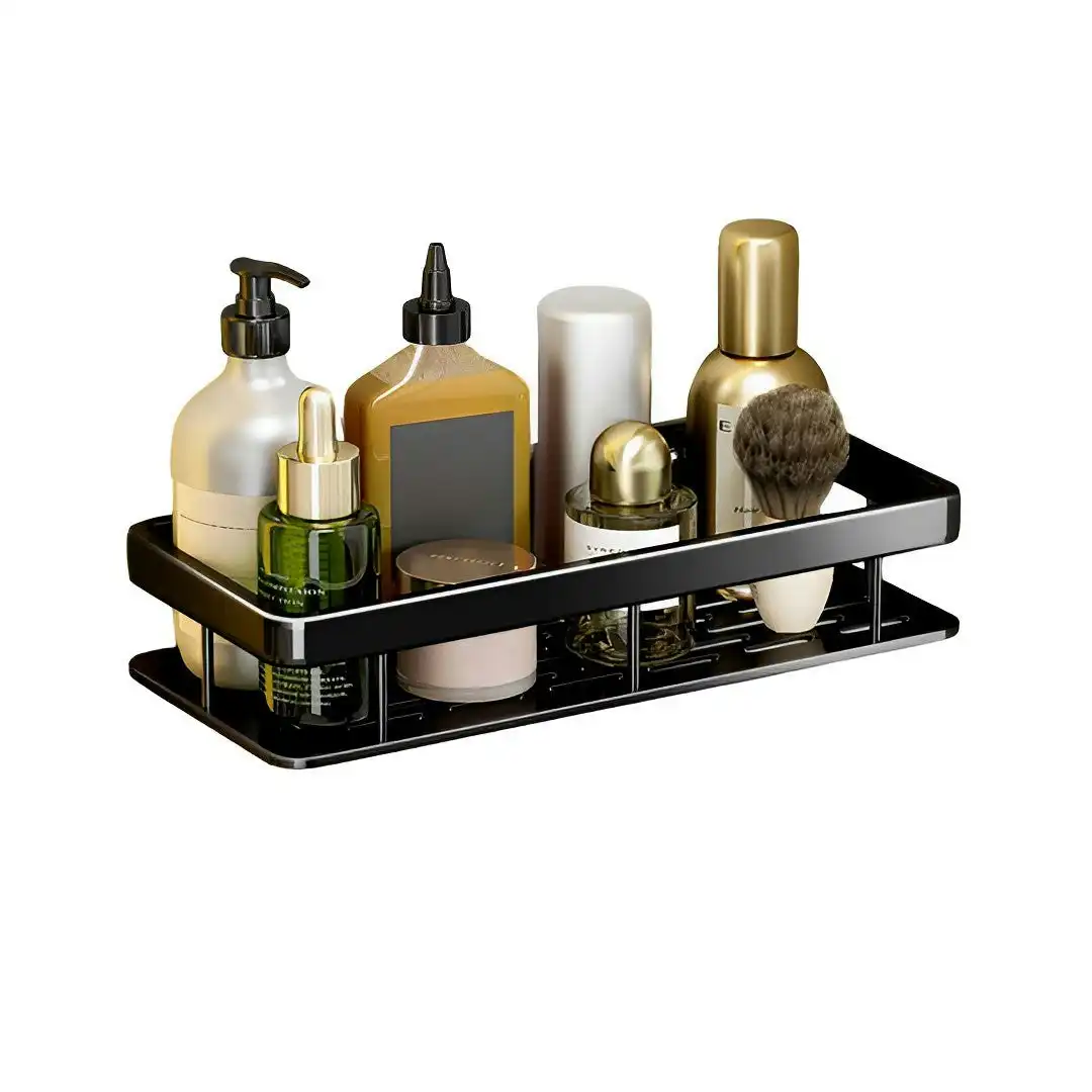 Soga Black Wall-Mounted Rectangular Bathroom Storage Organiser Space Saving Adhesive Shelf Rack