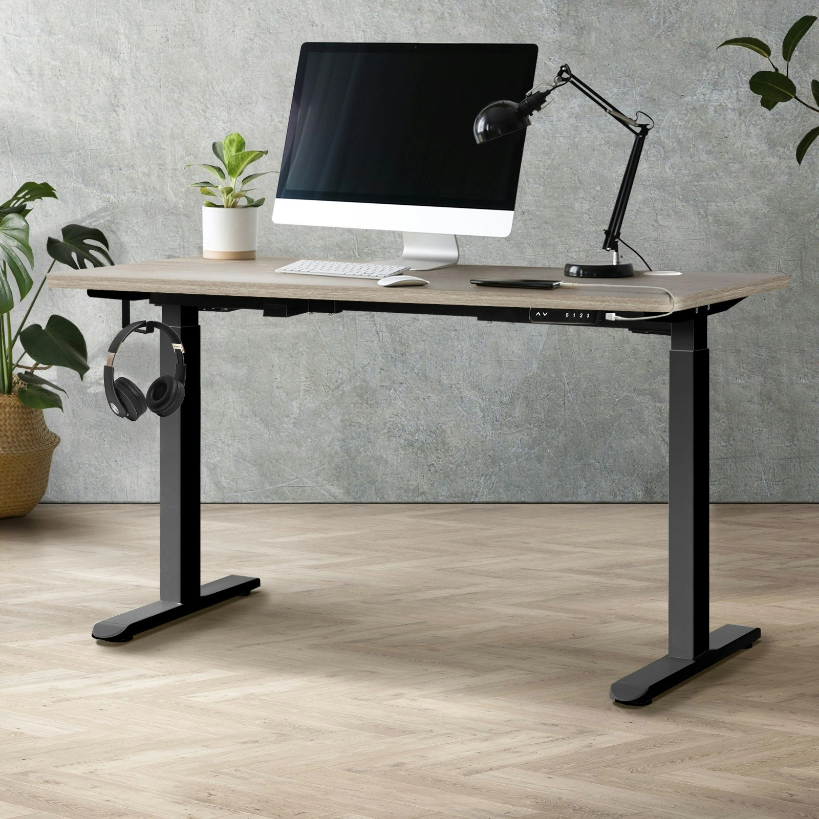 Oikiture 140cm Electric Standing Desk Dual Motor Grey-Oak Desktop Black Frame