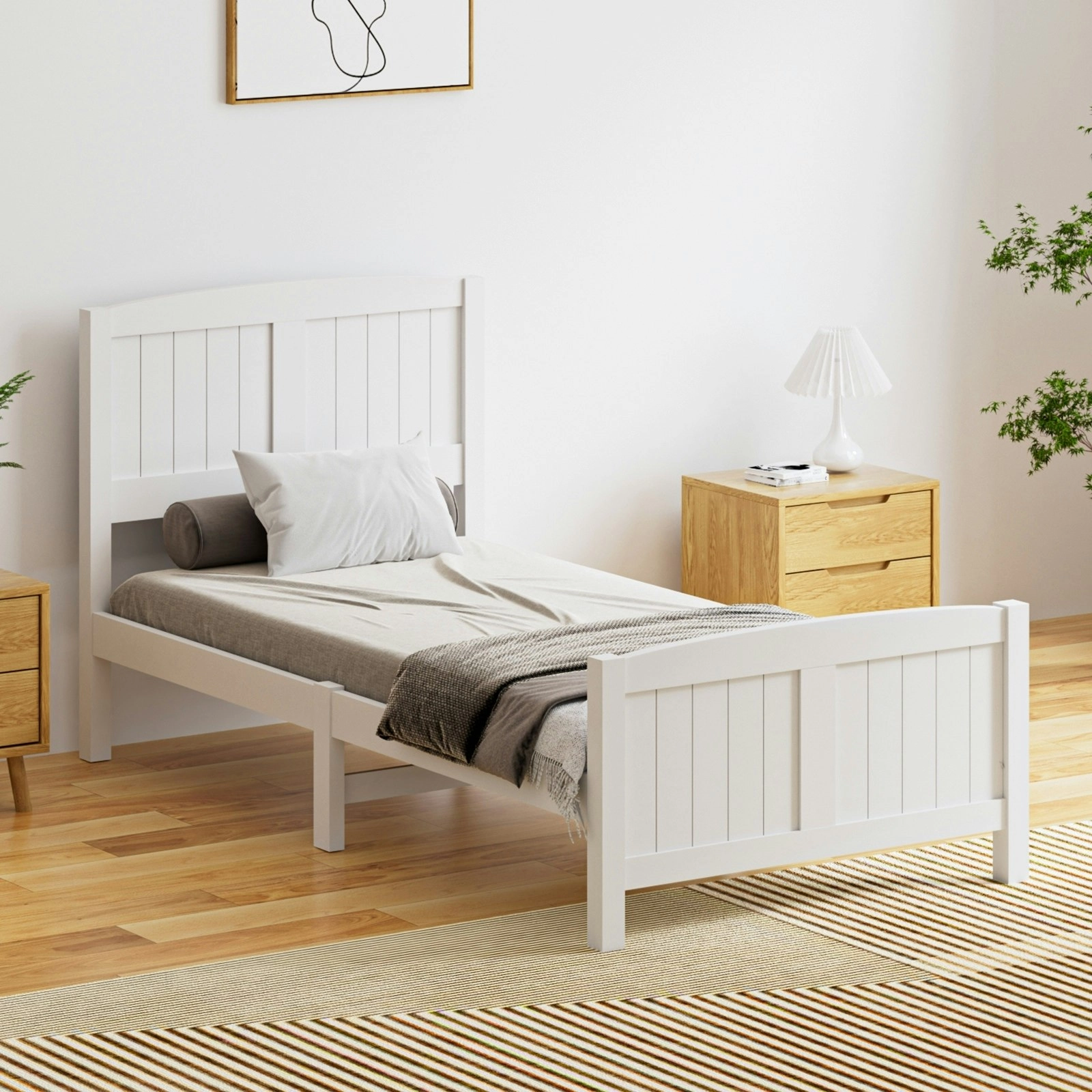 Oikiture Bed Frame Singe Size Wooden Base Timber Platform White