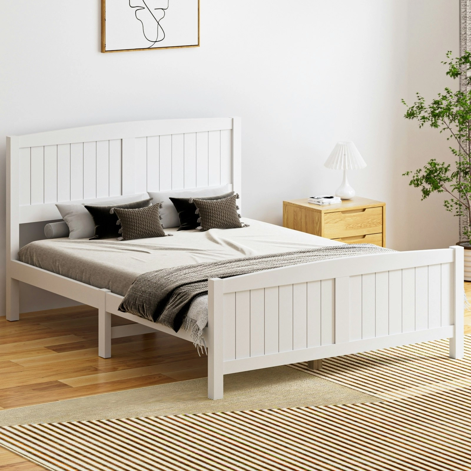 Oikiture Bed Frame Double Size Wooden Base Timber Platform White