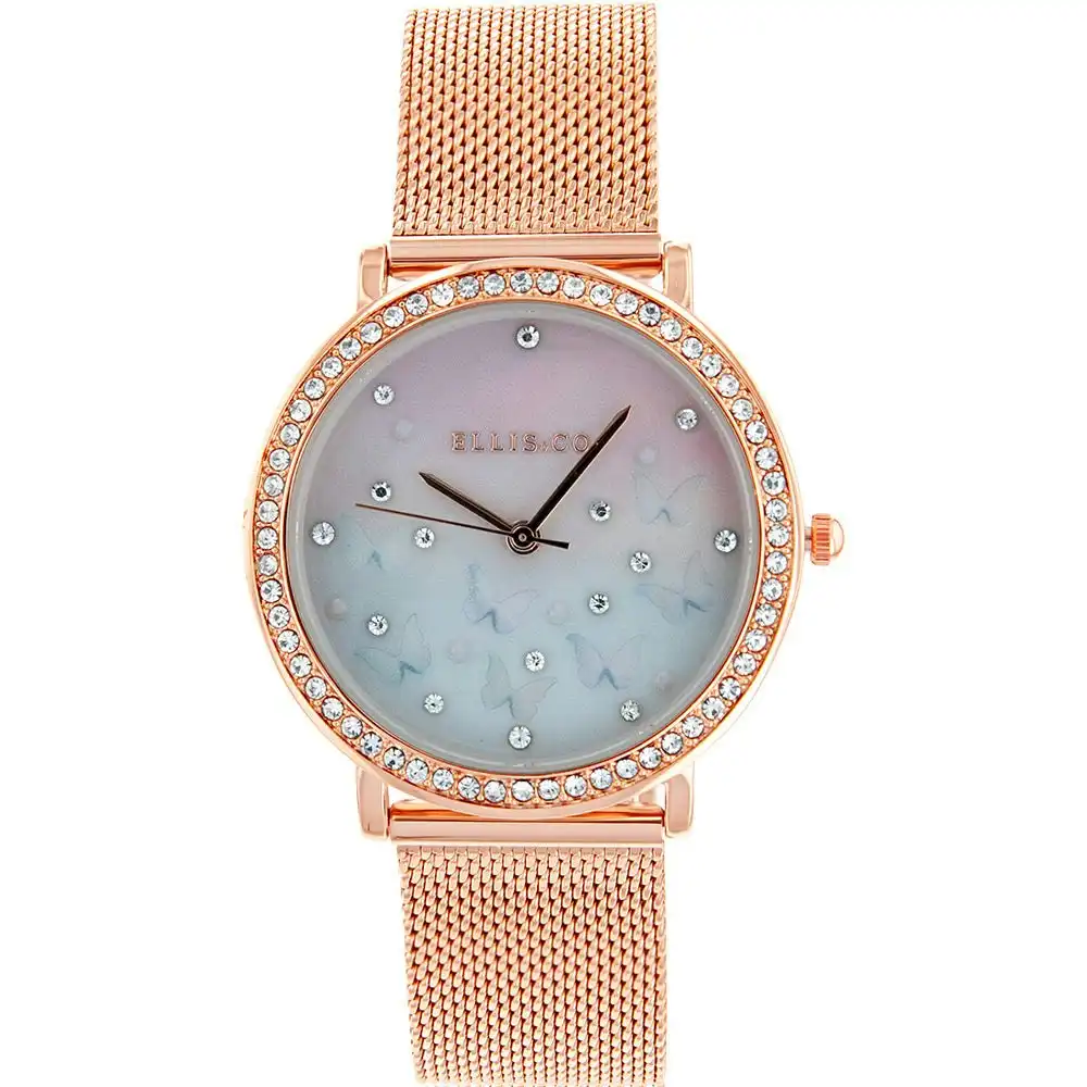 Ellis & Co 'Sena' Butterfly Dial Rose Stainless Stell Mesh Bracelet