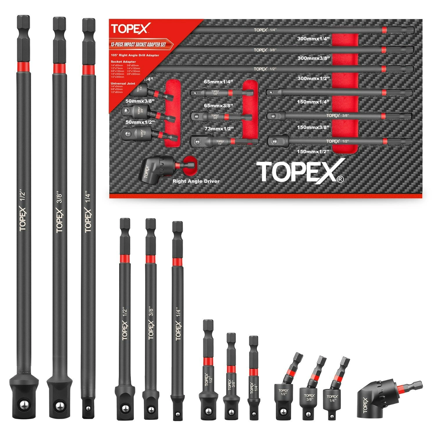 Topex 13-piece 1/4" Impact Socket Adapter Set Socket Bit Adapters Extension Bar Set