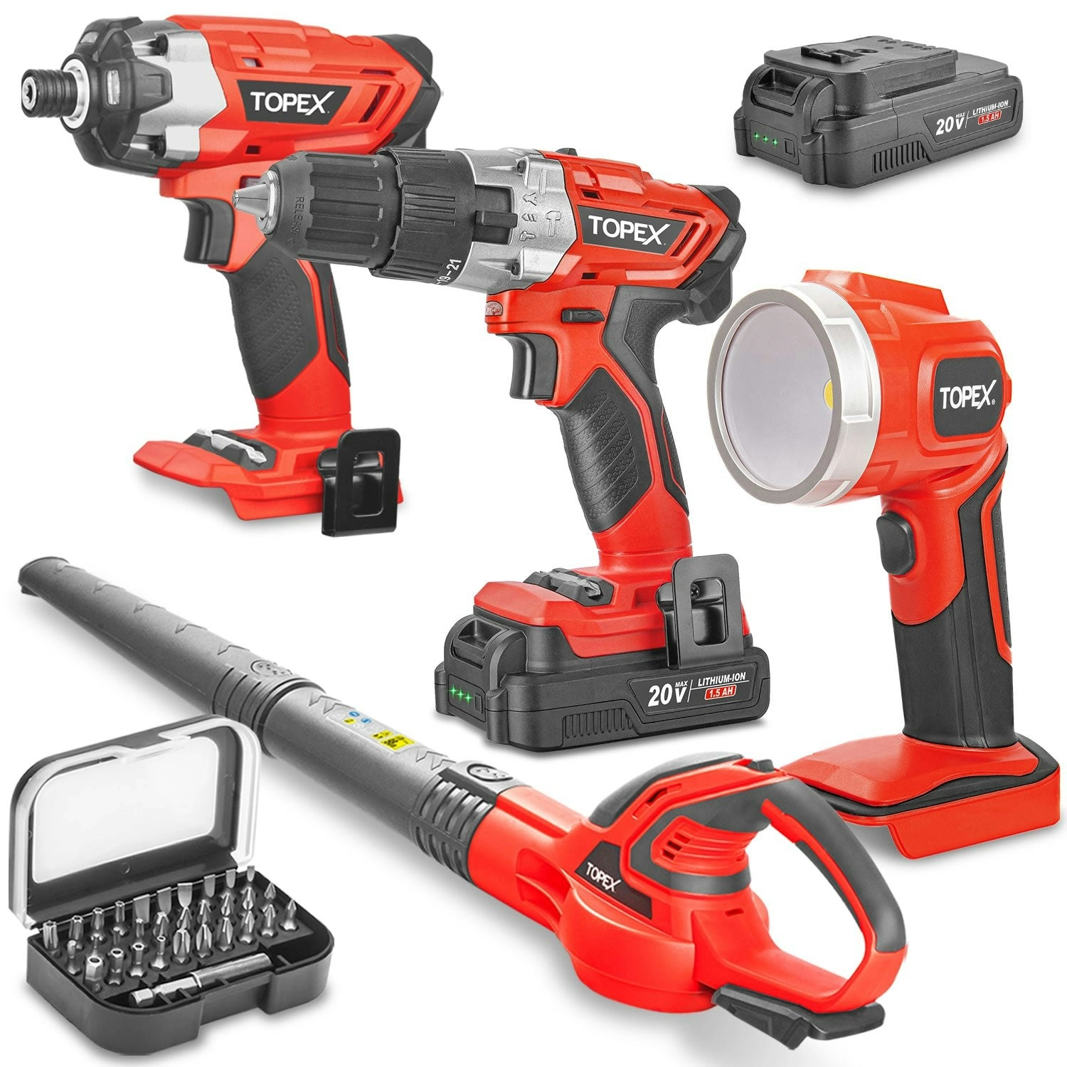 Topex 20V Combo Kit Hammer Drill Impact Driver Light Leaf Blower w/ 2 Batteries