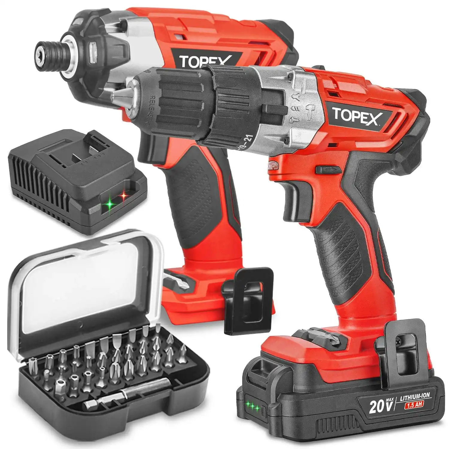 Topex 20V Cordless Twin Drill & Impact Driver Set & 32 Screwdriver Bits set