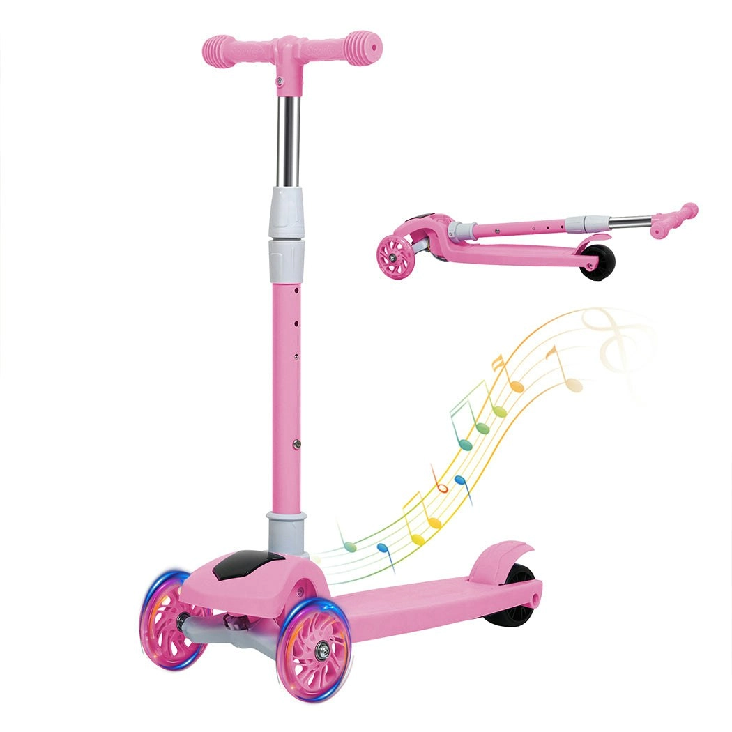 BoPeep Foldable Kids Scooter Adjustable Height Flashing LED Music 3 Wheels Pink