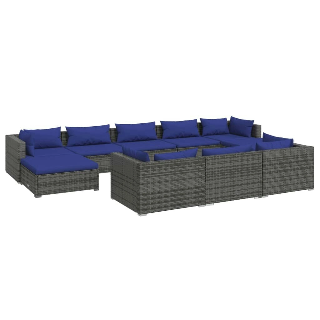 10 Piece Garden Lounge Set with Cushions Grey Poly Rattan 3102046