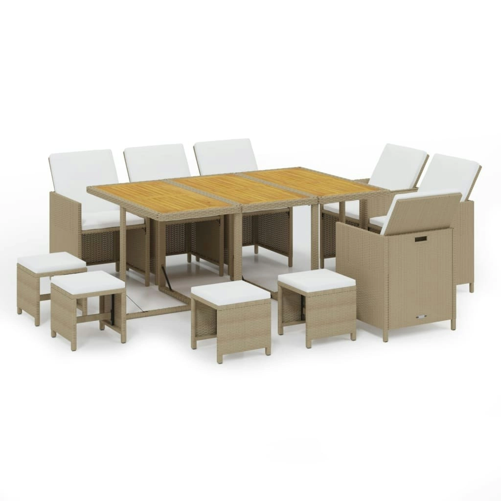 11 Piece Garden Dining Set with Cushions Poly Rattan Beige 3095556