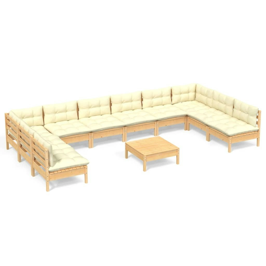 11 Piece Garden Lounge Set with Cream Cushions Solid Pinewood 3097193