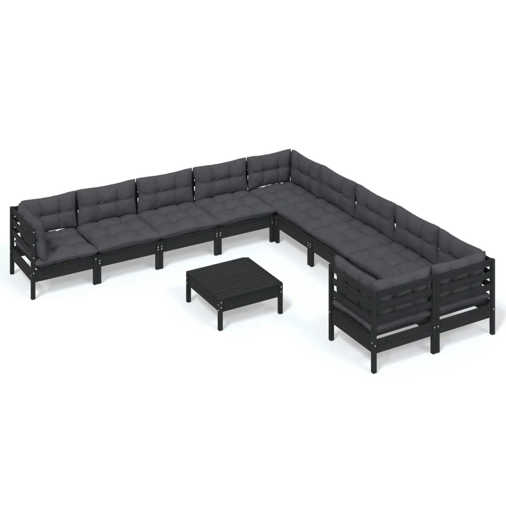 11 Piece Garden Lounge Set with Cushions Black Pinewood 3097017