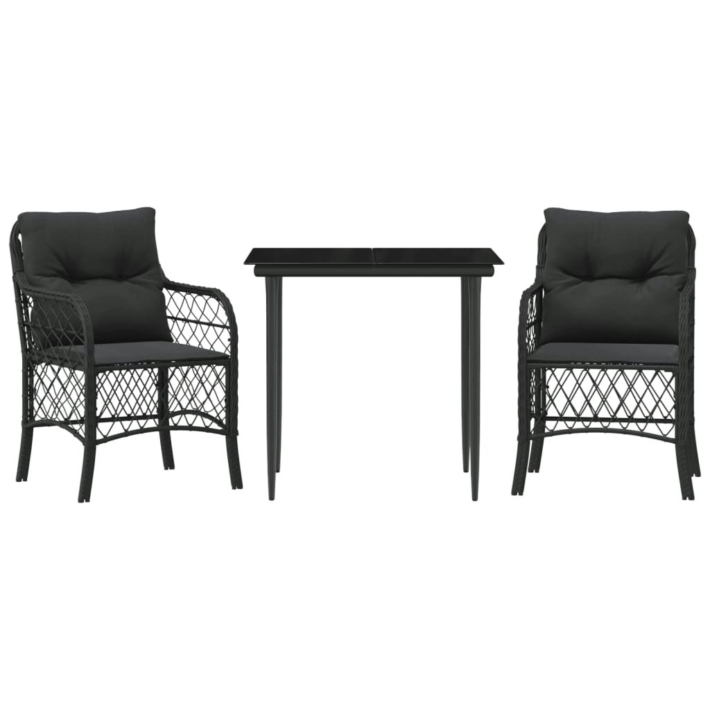 3 Piece Bistro Set with Cushions Black Poly Rattan 3212096