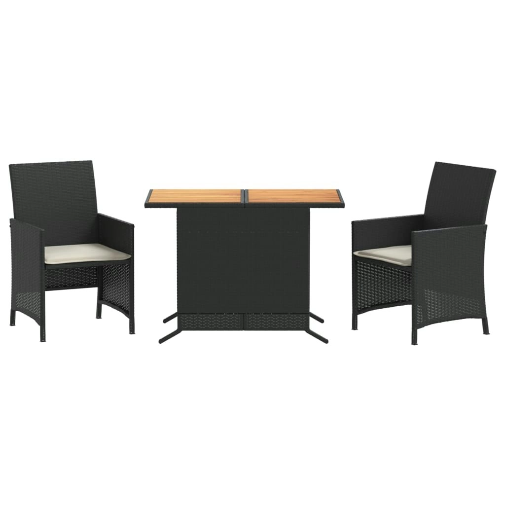 3 Piece Bistro Set with Cushions Black Poly Rattan 365124