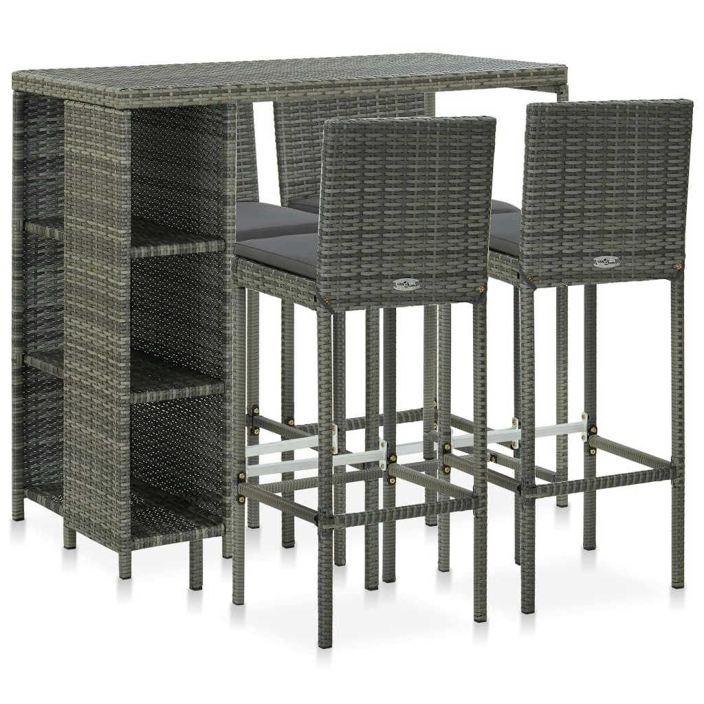 5 Piece Garden Bar Set with Cushions Poly Rattan Grey 3064919