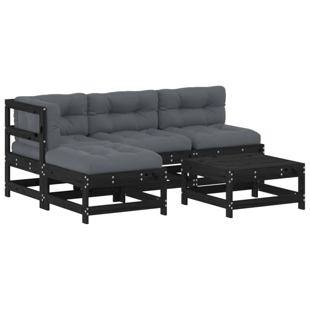 5 Piece Garden Lounge Set with Cushions Black Solid Wood 3186050