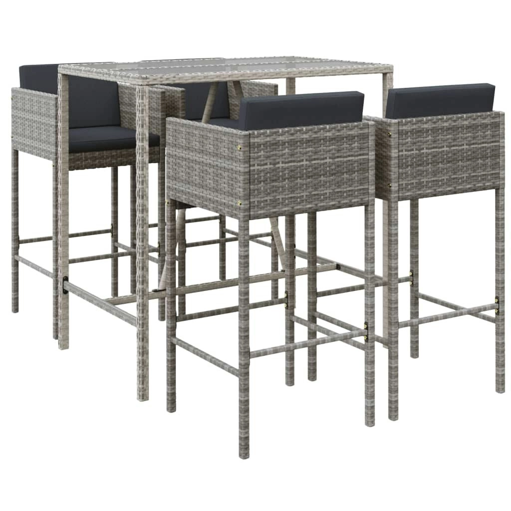 5 Piece Garden Bar Set with Cushions Grey Poly Rattan 3200659