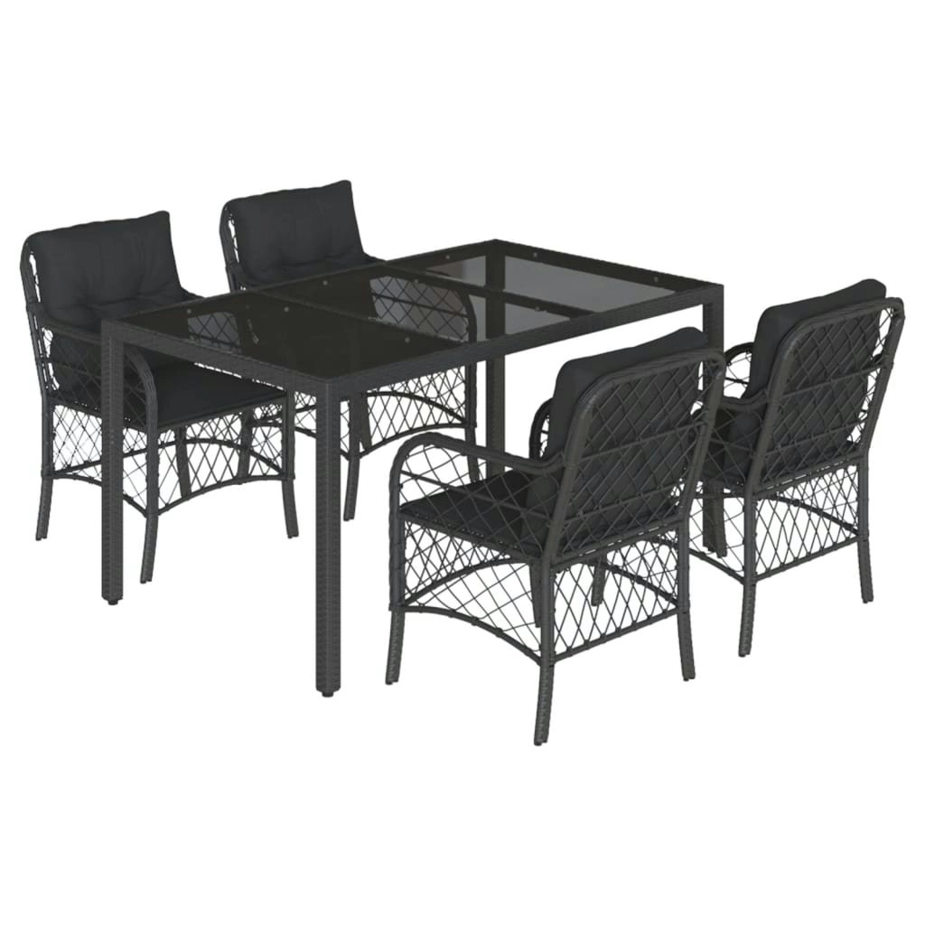 5 Piece Garden Dining Set with Cushions Black Poly Rattan 3212026