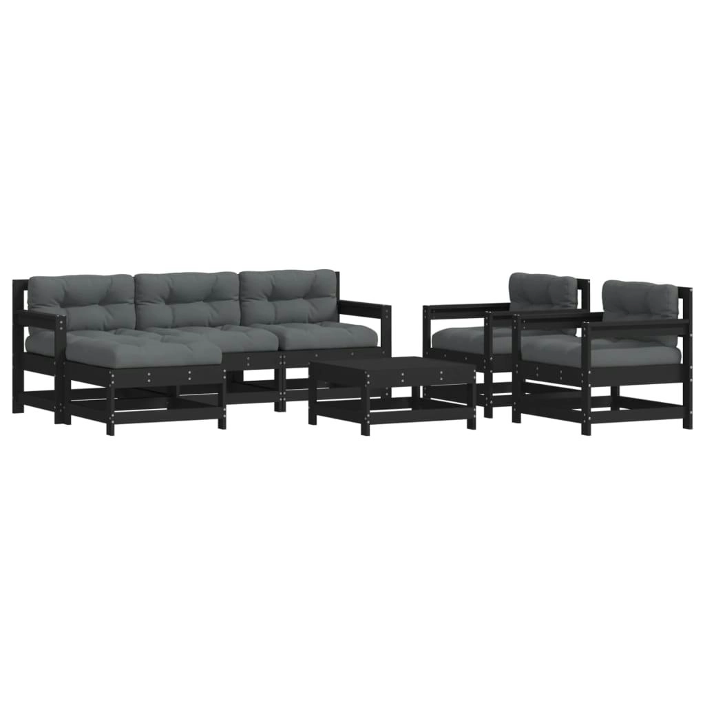 7 Piece Garden Lounge Set with Cushions Black Solid Wood 3185826