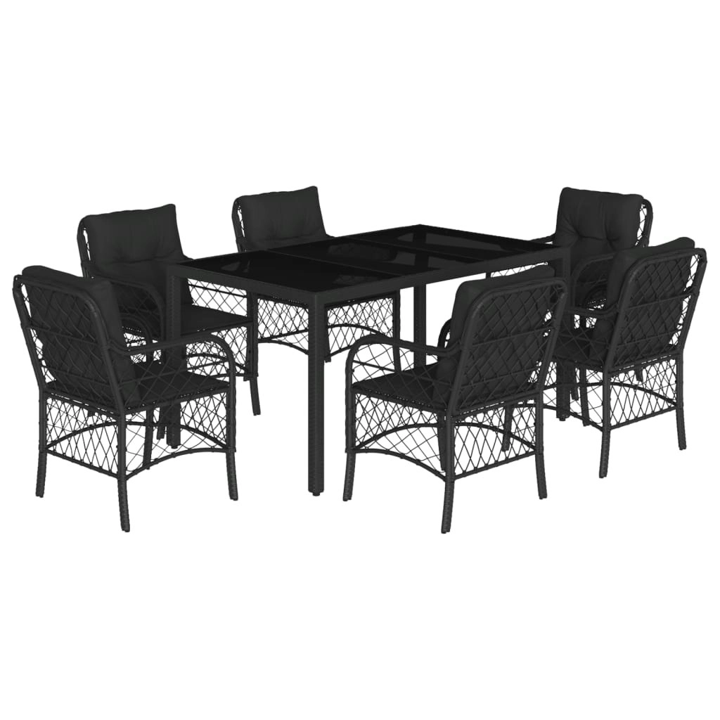 7 Piece Garden Dining Set with Cushions Black Poly Rattan 3212027