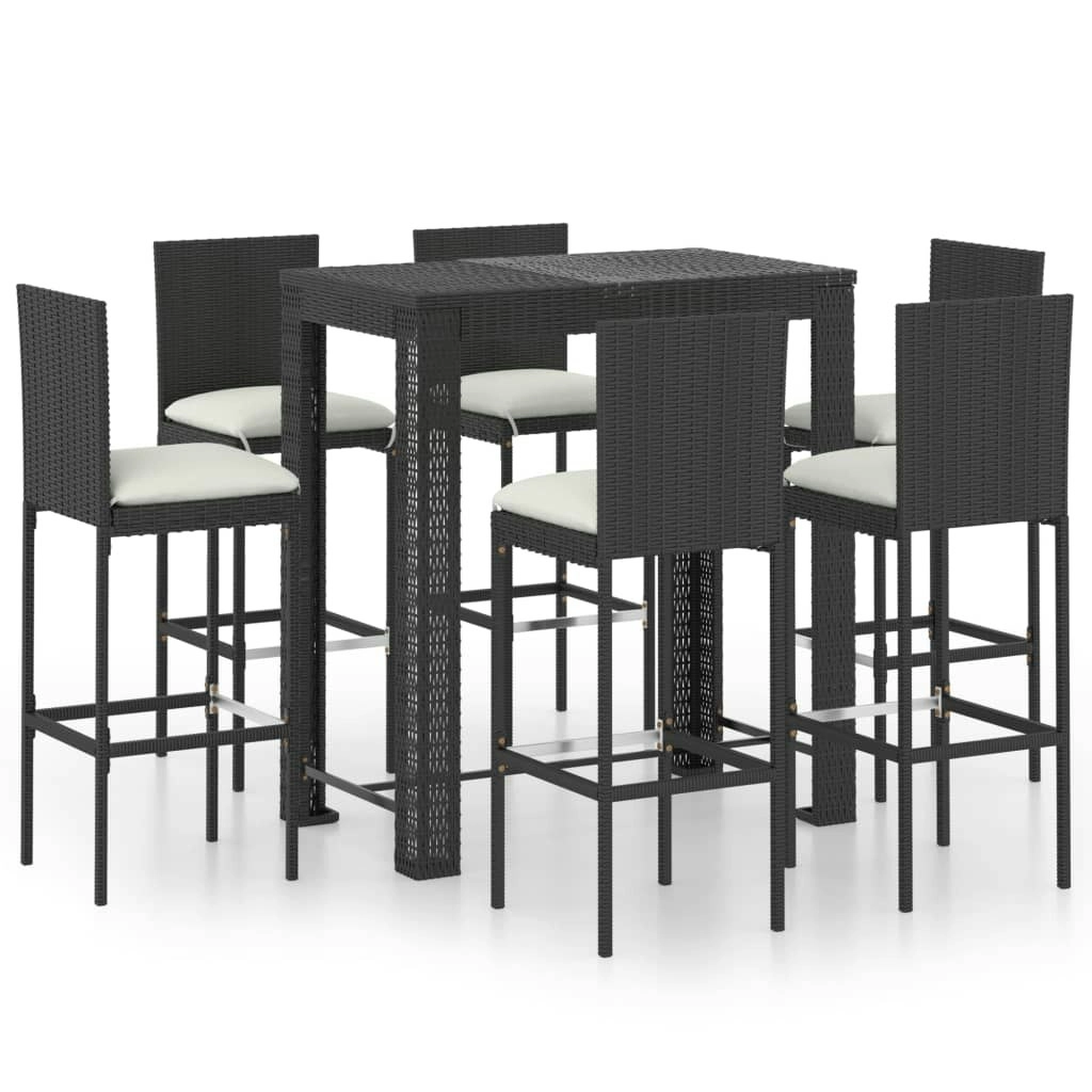 7 Piece Outdoor Bar Set with Cushions Poly Rattan Black 3064798