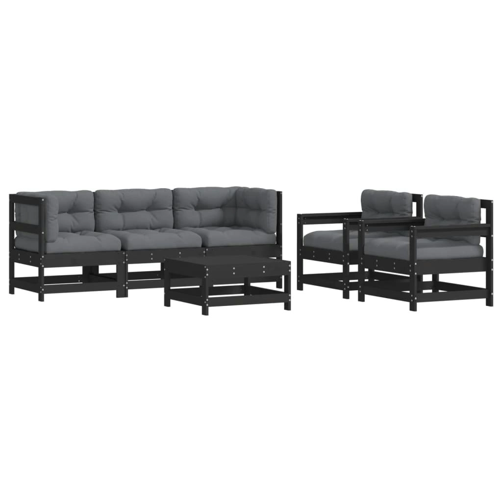 6 Piece Garden Lounge Set with Cushions Black Solid Wood 3185819