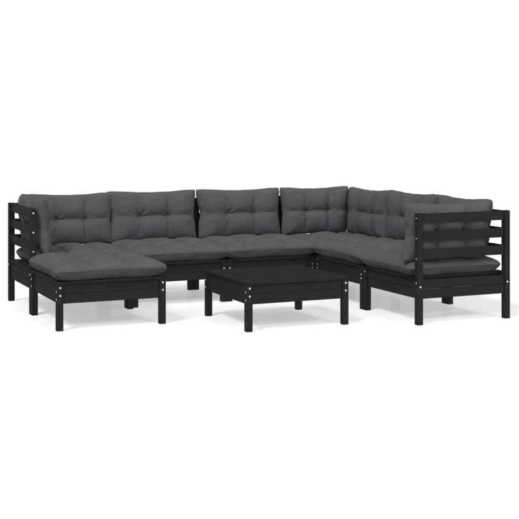 8 Piece Garden Lounge Set with Cushions Black Solid Pinewood 3096657