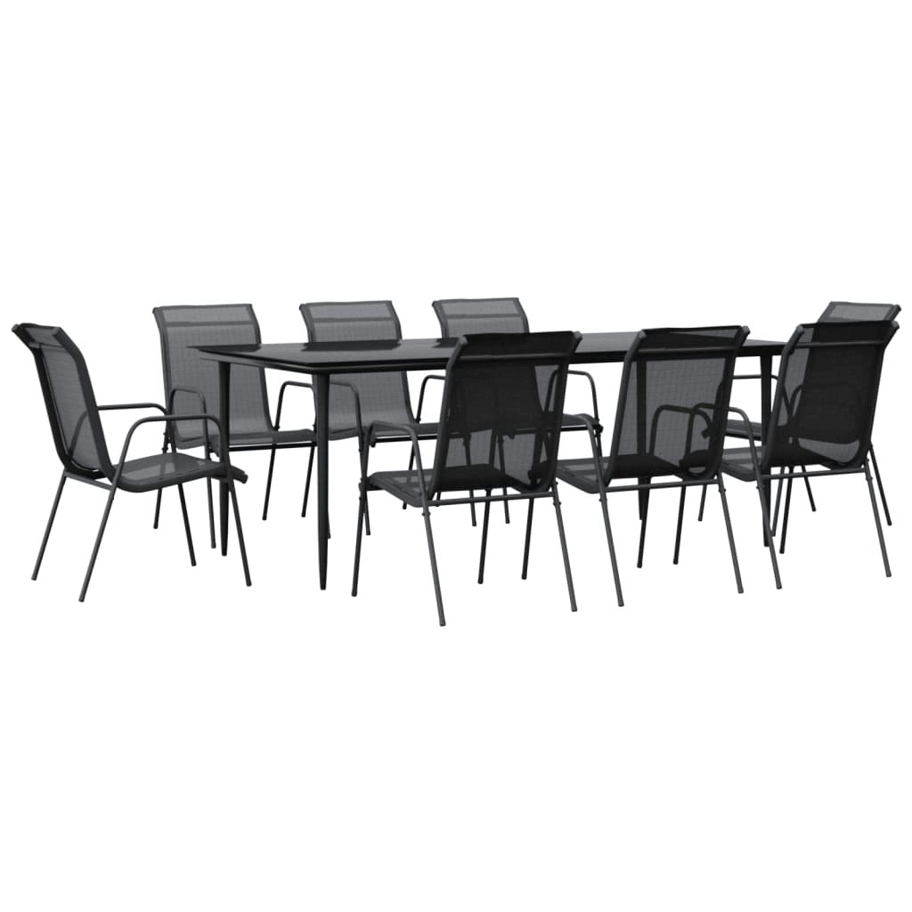 9 Piece Garden Dining Set Black Steel and Textilene 3200689