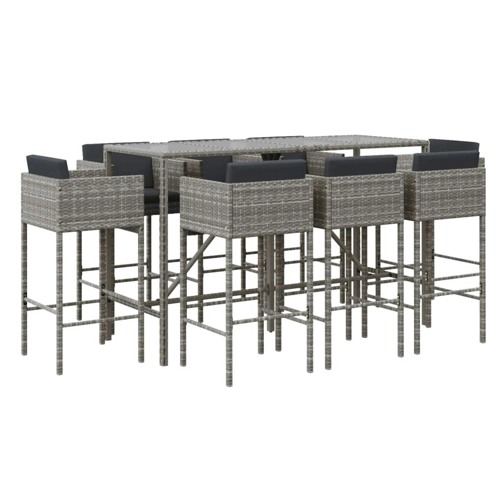 9 Piece Garden Bar Set with Cushions Grey Poly Rattan 3200654