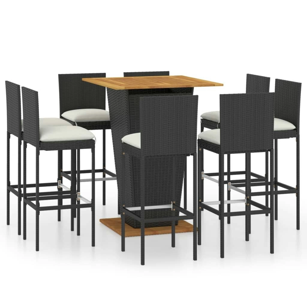 9 Piece Garden Bar Set with Cushions Poly Rattan Black 3064862