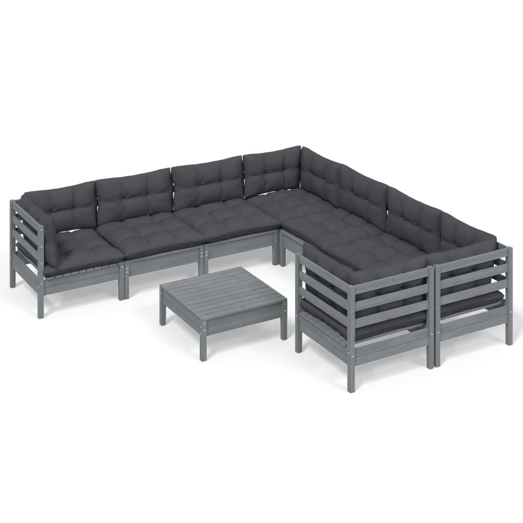 9 Piece Garden Lounge Set with Cushions Grey Pinewood 3096979